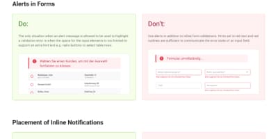 Detaillierte Dokumentationsseite für Benachrichtigungs-Komponenten mit Beispielen für korrekte und fehlerhafte Platzierungen (Do's and Don'ts).