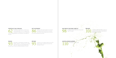 Zweiteiliges Inhaltsverzeichnis eines Kunstmagazins. Das Layout nutzt eine klare typografische Hierarchie mit großen, olivgrünen Seitenzahlen. Im unteren rechten Bereich zieht sich ein dynamischer, grüner Farbspritzer über beide Seiten, der die strenge Rasterstruktur künstlerisch aufbricht.