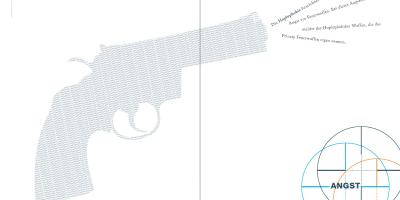 Zweite Innen-Doppelseite zur Hoplophobie (Angst vor Schusswaffen): Zentral im Layout steht die dunkle Silhouette einer Pistole, deren Fläche komplett mit einem feinen Textmuster des Wortes ‚Hoplophobie‘ ausgefüllt ist. An der Mündung der Waffe ist der erklärende Text strahlenförmig angeordnet, was optisch an einen Schuss erinnert. Im unteren rechten Bereich sind drei farbig versetzte Fadenkreuze abgebildet, in deren Zentrum das Wort ‚Angst‘ steht.
