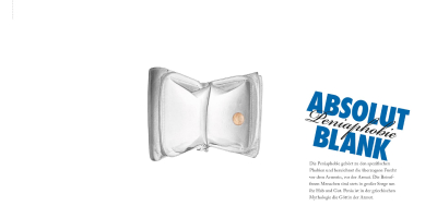 Dritte Innen-Doppelseite zur Peniaphobie (Angst vor Armut): In der Mitte des Layouts ist ein weißes, weit geöffnetes Portemonnaie abgebildet, in dem lediglich eine einzelne Cent-Münze liegt. Rechts daneben steht in der markanten Typografie und dem Layout einer bekannten Wodka-Marke der Schriftzug ‚ABSOLUT BLANK‘. Direkt darunter befindet sich der Textblock mit der Definition und Erklärung dieser Phobie.