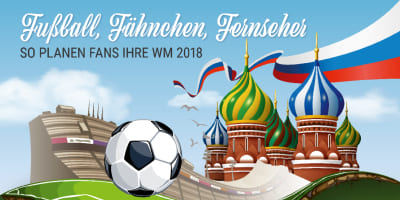Infografik über das Verhalten deutscher Fußballfans zur WM 2018: Angaben zu TV‑Nutzung, Fantrikot‑Käufen, Budgetbereitschaft, beliebten Fanartikeln und geplanten Aktivitäten wie Public Viewing oder Heimschauen.