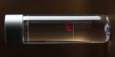 Eine Designseite zeigt die Wortmarke und das Logo des fiktiven Mutgetränks „EUPHORIA“. Zu sehen sind typografische Details, Farbangaben und kurze Erläuterungen zur konzeptionellen Bedeutung der Formen und Farben.