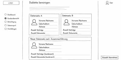Wireframe eines Vergleichs- oder Auswahlprozesses: Zwei Personenkarten unter „Auswahlmöglichkeiten“ und eine finale Karte unter „Finaler Datensatz“, jeweils mit Platzhaltern für Name, Geburtsdatum und Adresse.