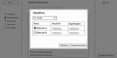 Wireframe-Ansicht zur Datensatz-Auswahl im Dublettenmanager: Die schematische Darstellung zeigt ein zentrales modales Fenster mit einem Suchfeld und einer darunterliegenden Liste für Suchergebnisse. Platzhalter visualisieren die Anordnung der Namens- und Adressdaten, die zur Identifizierung der Dublette dienen.