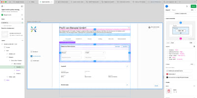 Ansicht eines Design-Handover-Tools für die Entwicklung: Ein UI-Screen wird mit technischen Spezifikationen wie Padding, Abständen (Gaps) und CSS-Eigenschaften (Flexbox-Layout) überlagert dargestellt. Am rechten Bildschirmrand befindet sich eine Inspect-Leiste mit Code-Fragmenten, Farbwerten und Assets für die technische Implementierung.